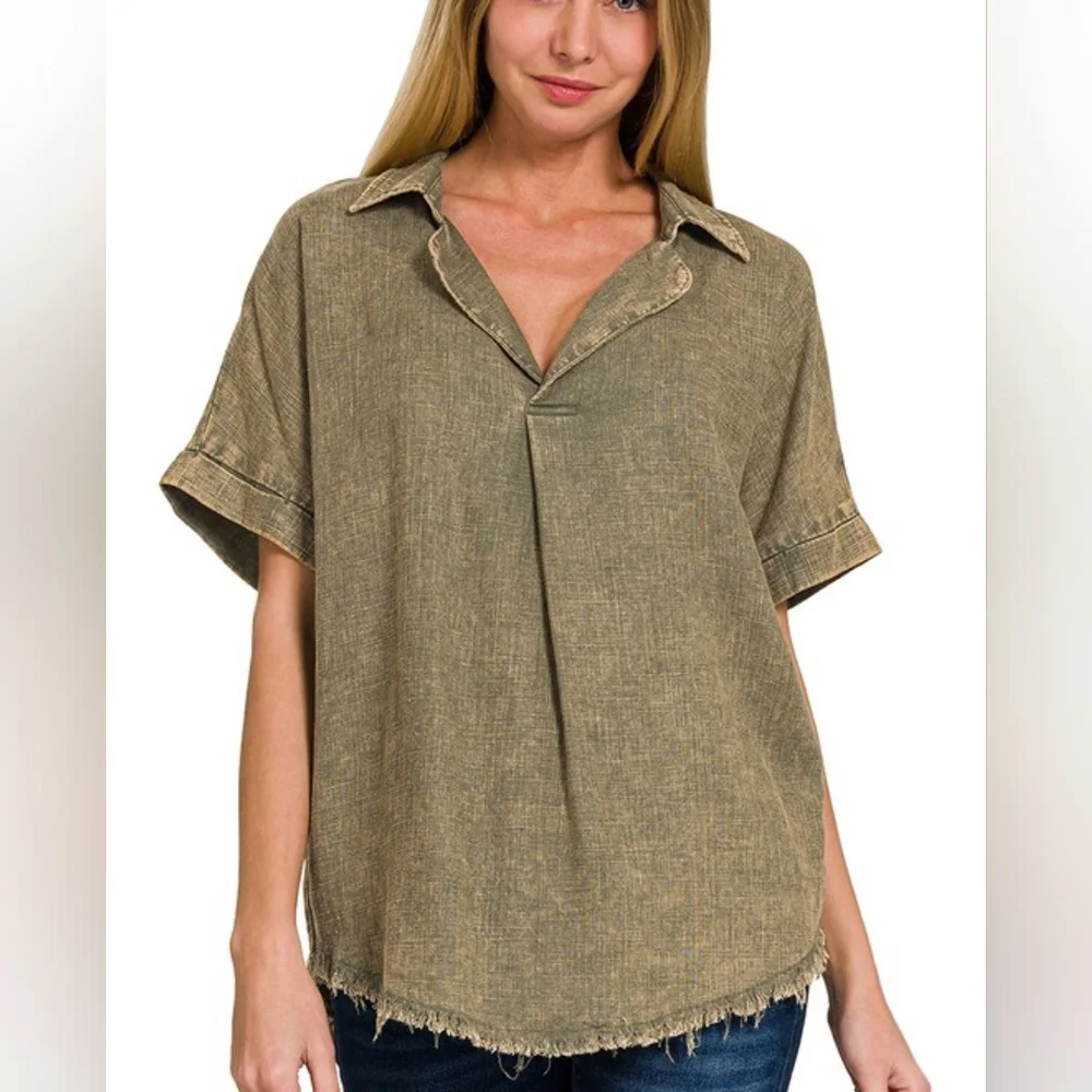 NWT - Washed Linen Blend Raw Edge V-Neck Light Olive Shirt - Size M